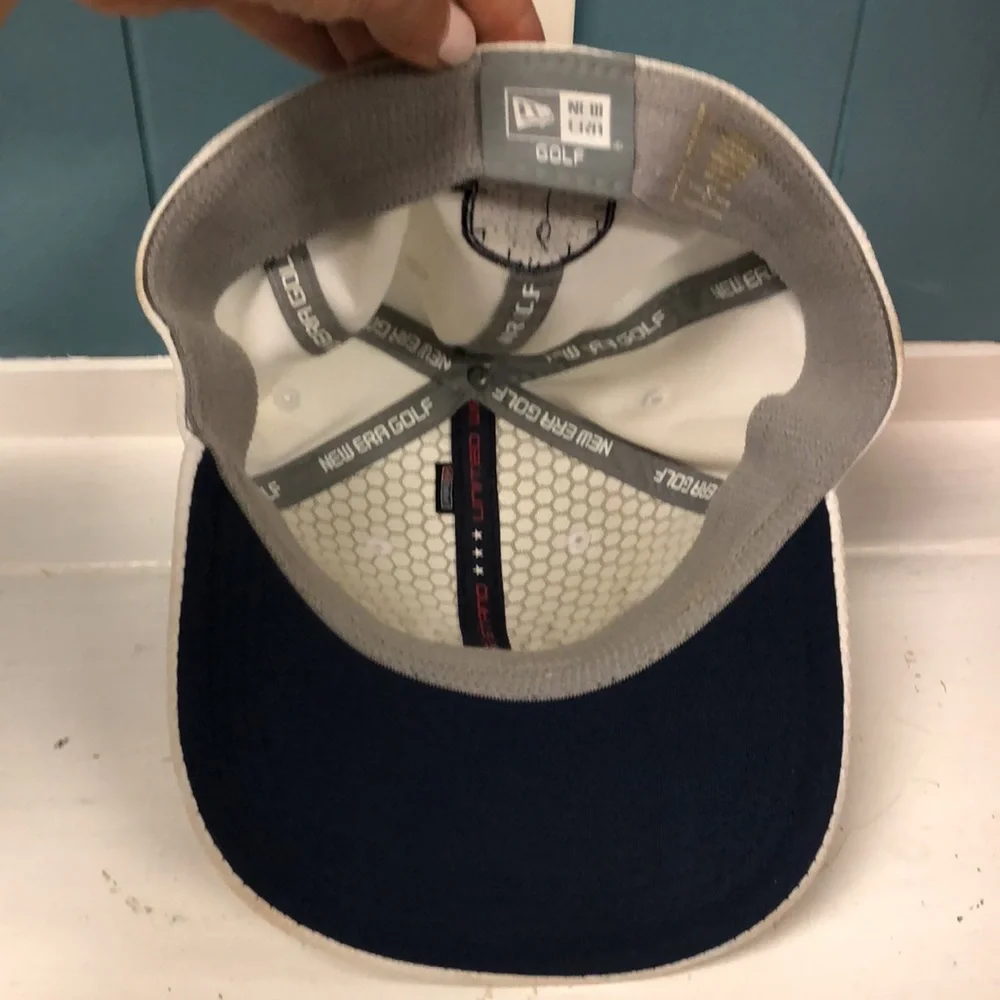 New Era GOLF USA 2016 Hat‎ Cap Flex Fit White Blue Pre Owned size S/M